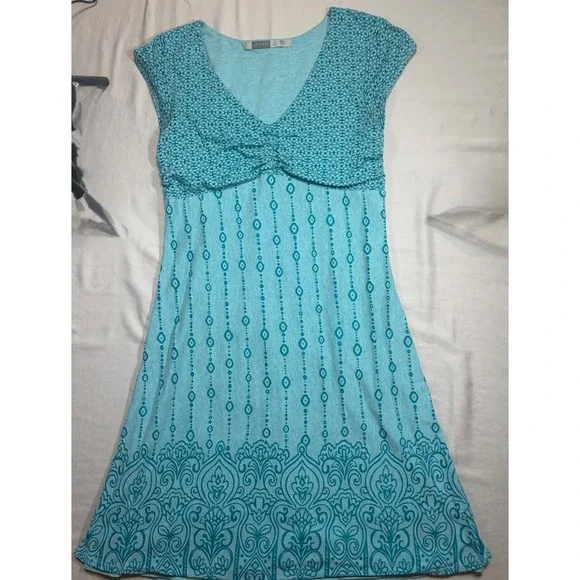 Athleta Knit Mini Dress Womens Size Medium Aqua Blue Boho Ruched V-Neck - Picture 2 of 7
